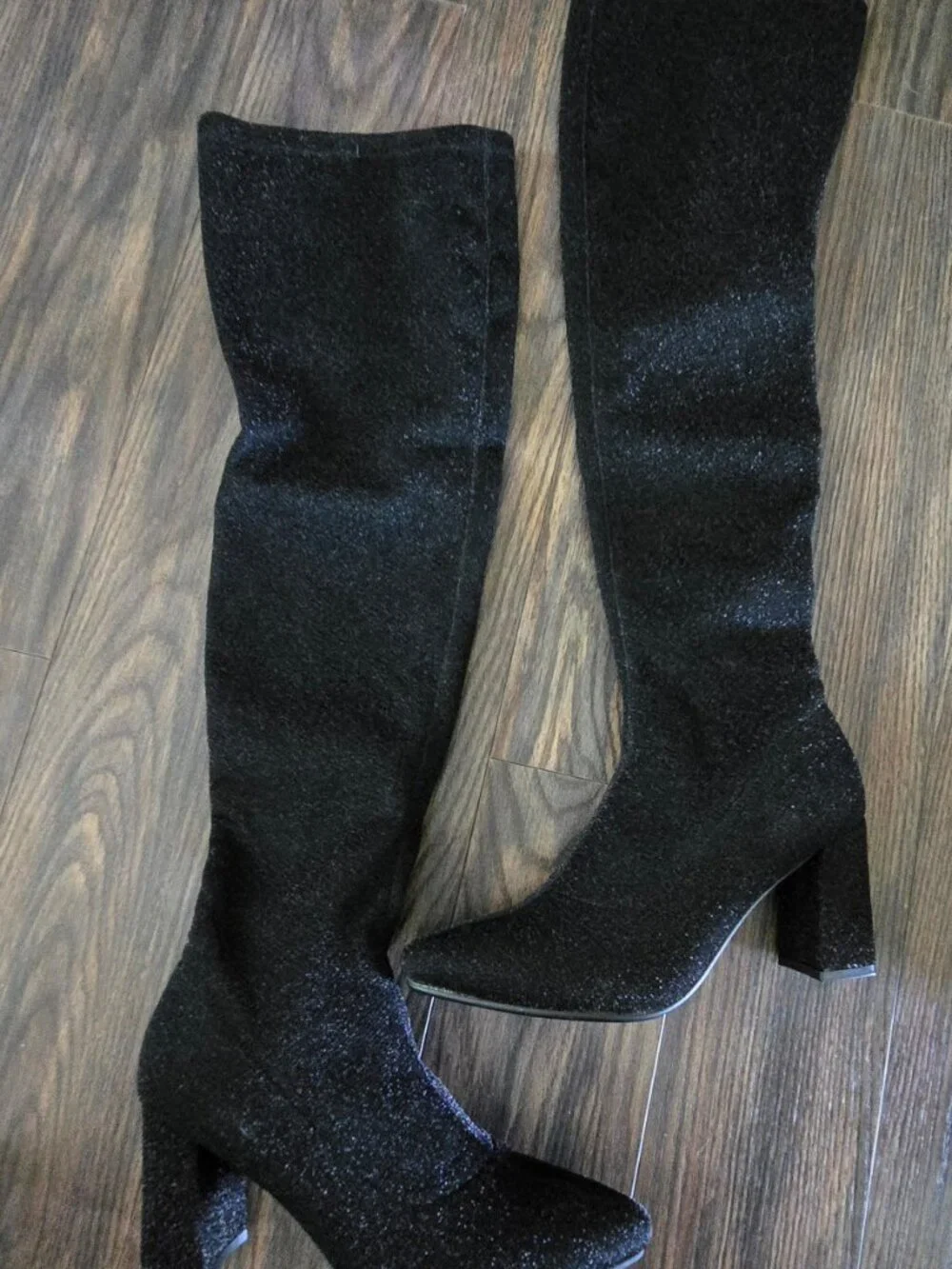Sexy Black & Sparkly Metallic Thigh-High Block Heeled Boots NWOT/SIZE 8